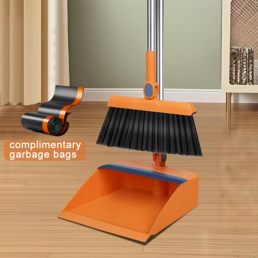 Magnetic Broom and Dustpan Set with Rotating Head, Long Handle and Bag Holder in White or Orange