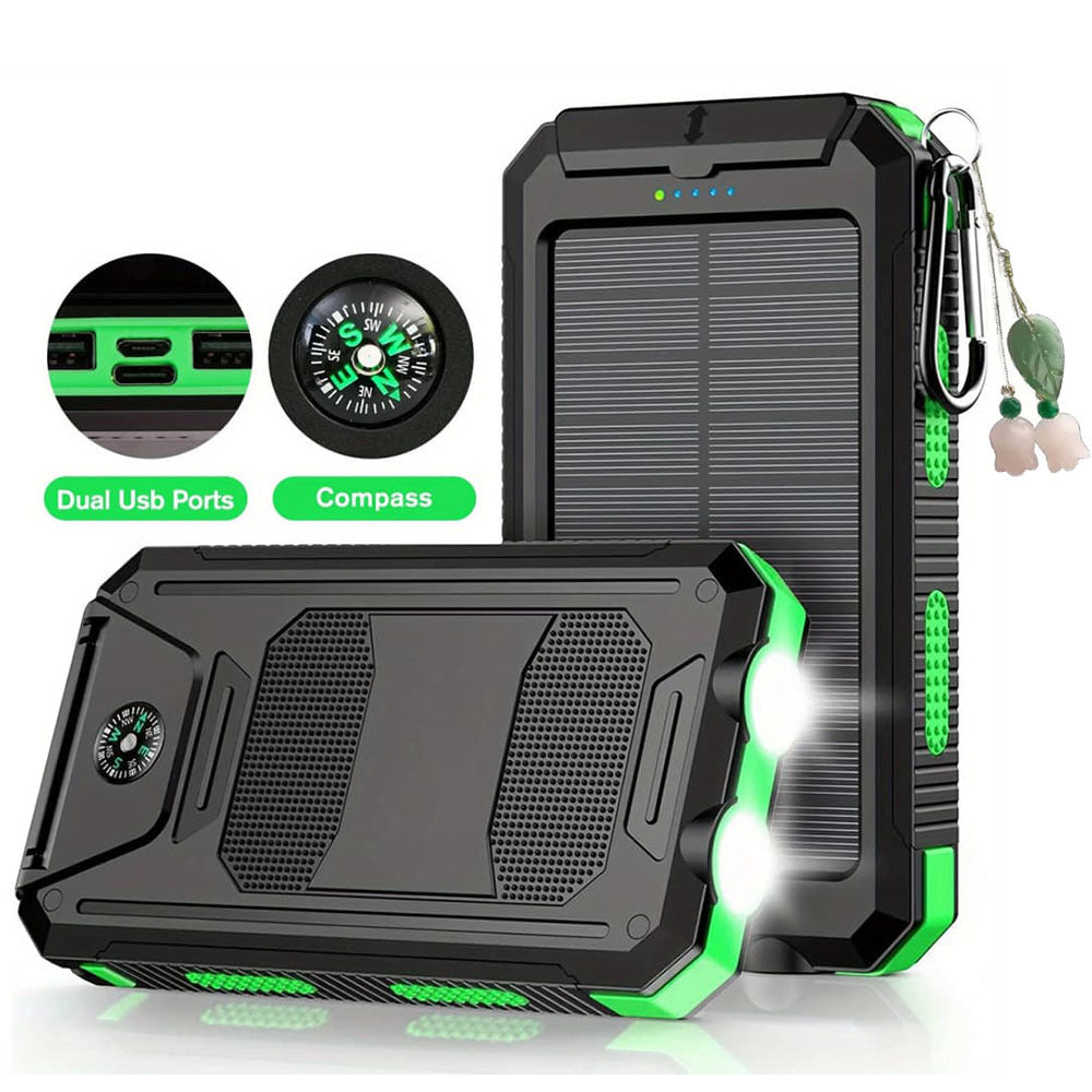 Solar Power Bank, 50000mAh Dual-USB Charger with Solar Panel, Dual LED Flashlights, Compass and Four Colors