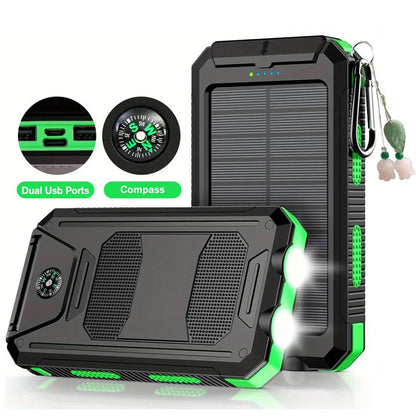 Solar Power Bank, 50000mAh Dual-USB Charger with Solar Panel, Dual LED Flashlights, Compass and Four Colors