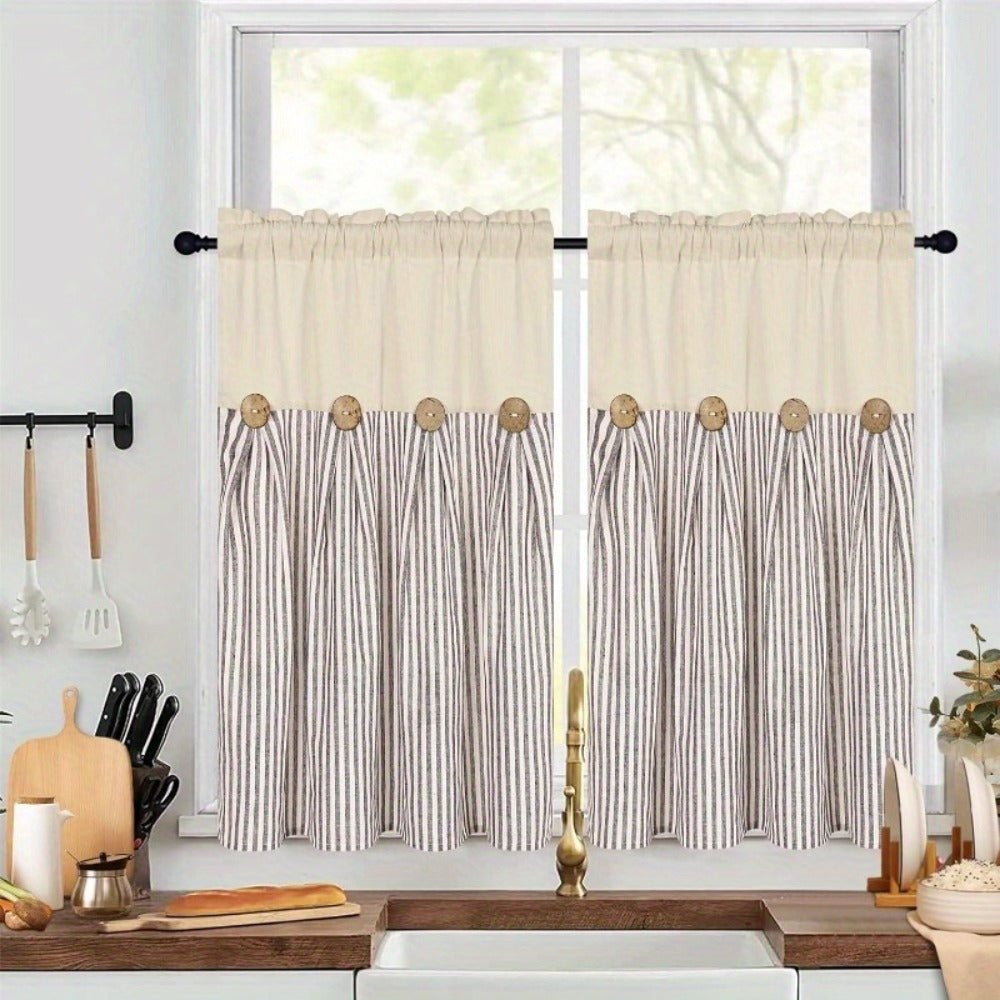 Striped Patchwork Window Curtain Set with Rod-Pocket Top, Six Colors and Five Panel-Count or Size Options
