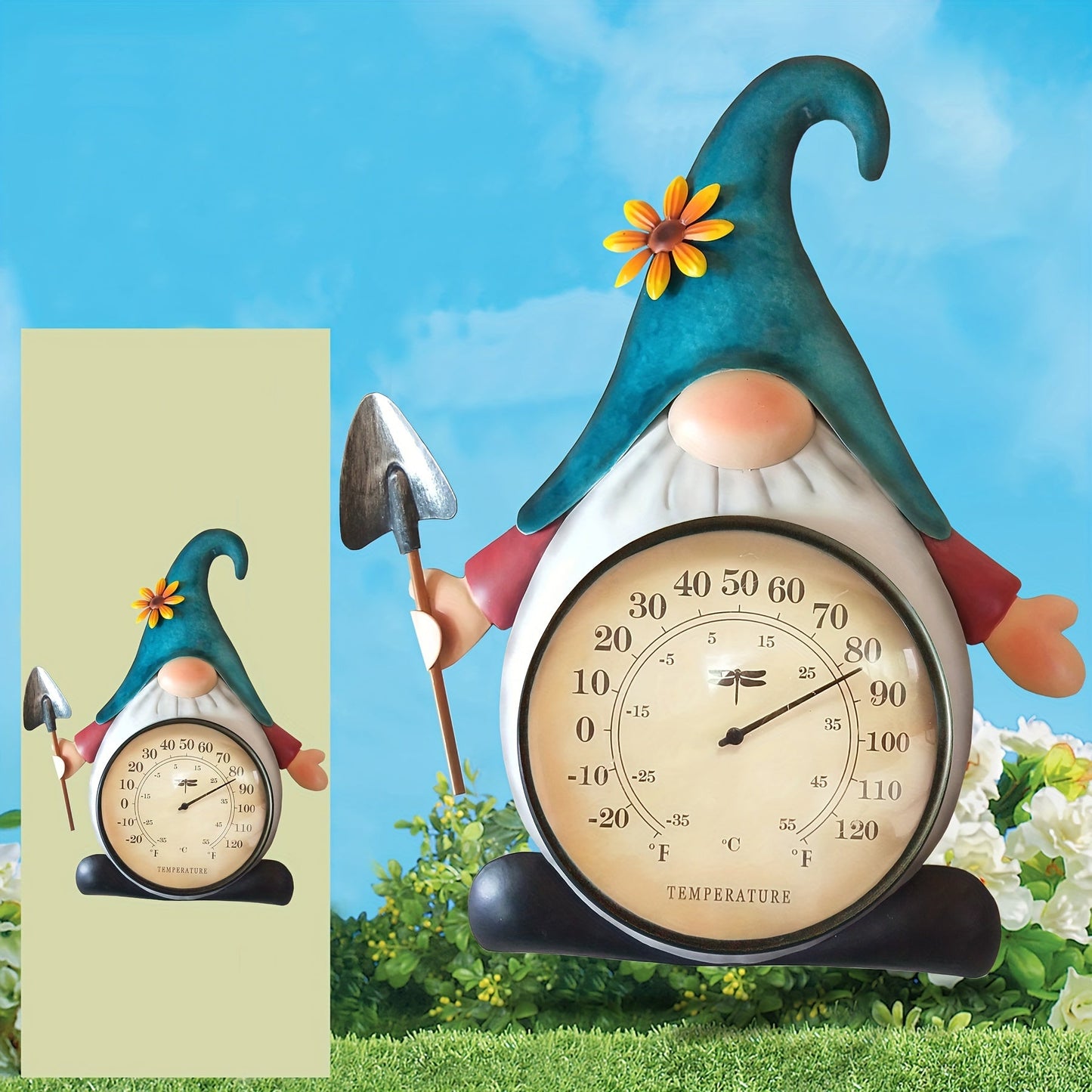 Metal Gnome Analog Thermometer Wall Decor with Teal Hat, Flower Accent and Round Temperature Dial