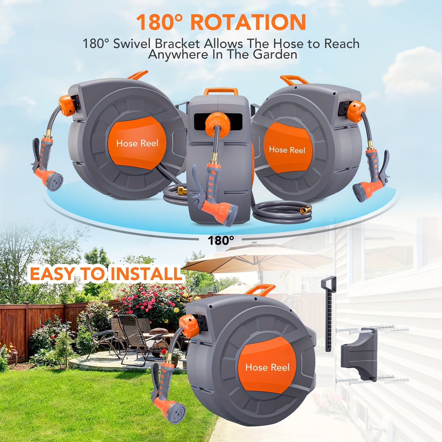 65-Foot Retractable Garden Hose Reel with 180° Swivel Wall Mount, Auto-Rewind and 9-Pattern Spray Nozzle