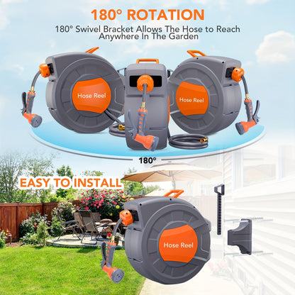 65-Foot Retractable Garden Hose Reel with 180° Swivel Wall Mount, Auto-Rewind and 9-Pattern Spray Nozzle