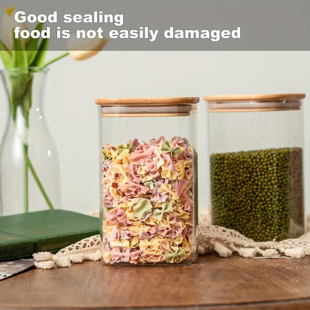 Six-Piece 37 oz Glass Storage Jar Set with Tall Clear Bodies, Square Bamboo-Look Lids and Silicone Rings
