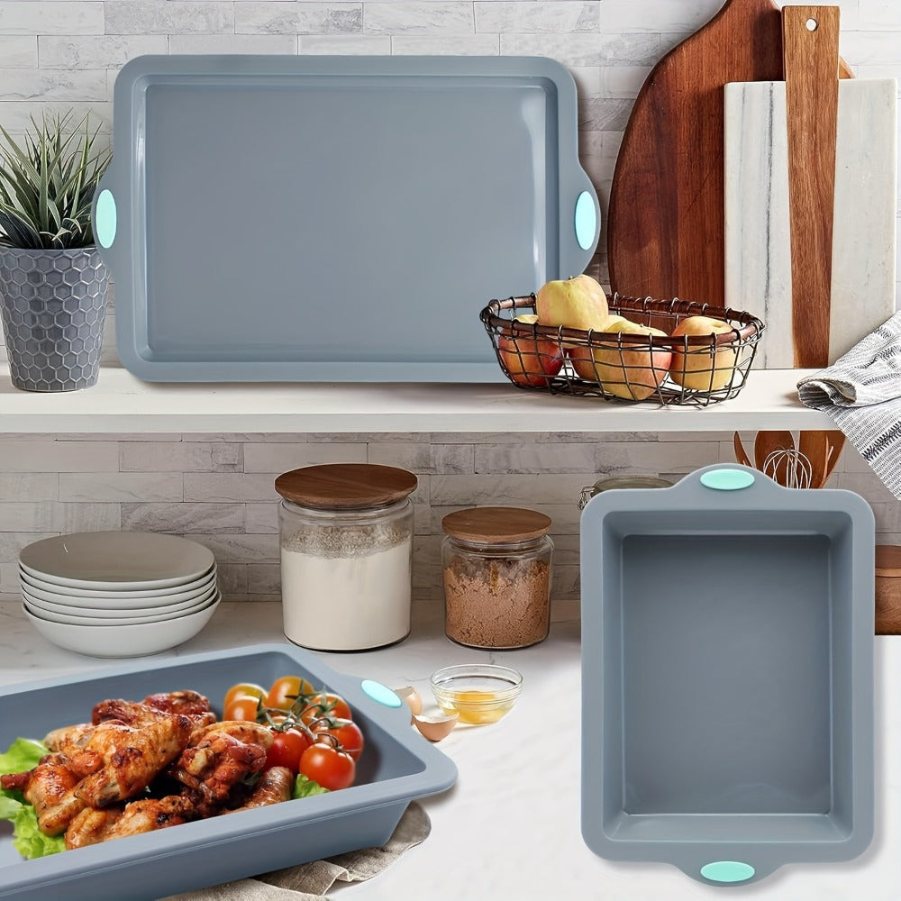 Silicone Baking Pans Set 4-Piece – Nonstick Bakeware with Metal Reinforced Frame, Includes Baking Sheet, Cookie Sheet & Cake Pan with Grips, Oven Safe, Easy Release – Navy Blue & Light Gray