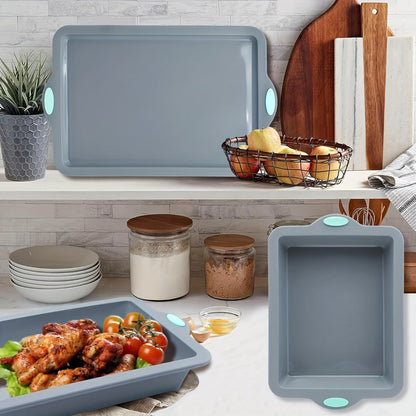 Silicone Baking Pans Set 4-Piece – Nonstick Bakeware with Metal Reinforced Frame, Includes Baking Sheet, Cookie Sheet & Cake Pan with Grips, Oven Safe, Easy Release – Navy Blue & Light Gray