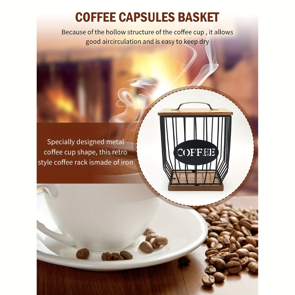 Square Metal Coffee Pod and Filter Storage Basket with Wood Lid and Base, Black Finish and Two Label Options