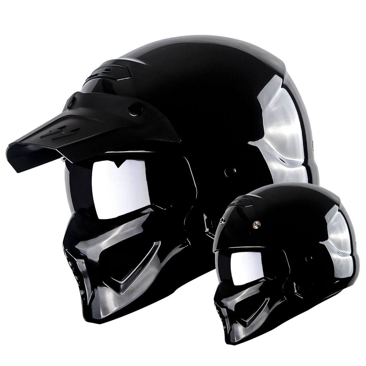 Motorcycle Helmet Convertible Full/Open-Face Shell with Detachable Mask, Smoked Shield, S-XL Sizes and Multiple Styles