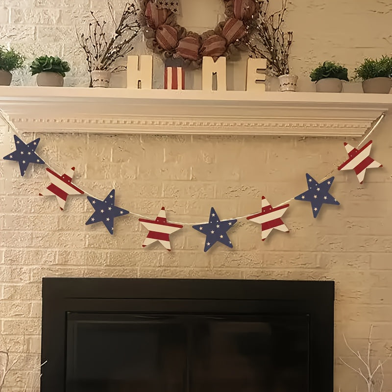 Patriotic Wooden Wreath 4th of July, Red White & Blue Rustic Stars & Flags Decor for Independence Day