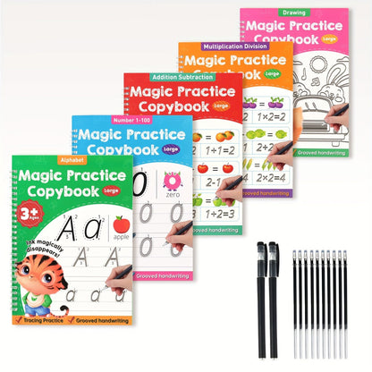 Magic Grooved Handwriting Practice Book for Kids Ages 3-8 — Reusable 5-in-1 Tracing Workbook for Letters Numbers Drawing Math, 3D Groove Pen Control Training with Grip Aids, 10.2×7.3 In