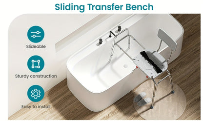 Sliding Bathtub Transfer Bench with Reversible Grey Seat, Safety Rail, Backrest and Adjustable Legs