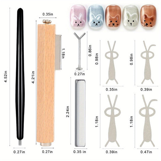 Cat Eye Nail Magnet Set 11pcs - 3-in-1 Magnet Stick with Heart & Bunny Designs, Strong Magnetic Tool for Cat Eye Gel Polish Nail Art, Professional Salon & Home DIY Nail Art Gift
