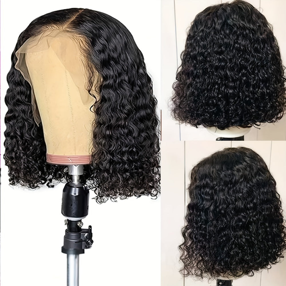 Short Water-Wave Synthetic Lace-Front Bob Wig with Deep Curls, Black Color and 14-Inch Length