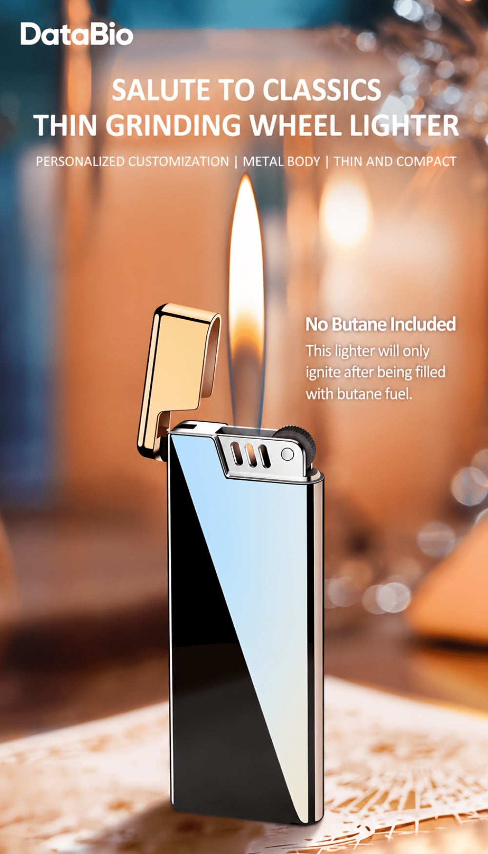 Ultra-Slim Wheel-Ignition Butane Lighter with Adjustable Open Flame in Black or Colorful Ice Finish