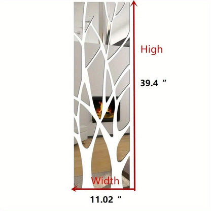 Silver Acrylic Mirror Tree Wall Decal with Branch and Leaf Pieces for a 39.4 x 11.02 in Layout