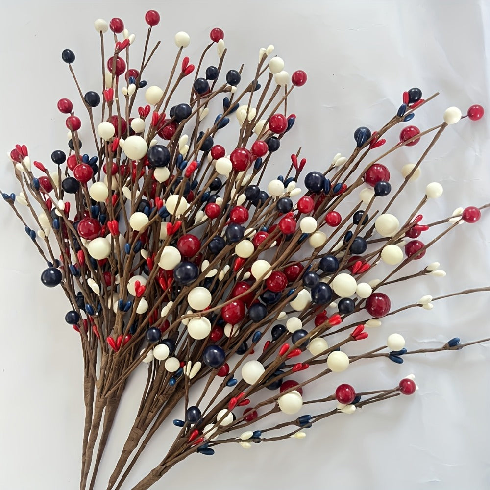 Artificial Berry Branches Red White Blue Patriotic Decor – 5pcs Fake Plastic Stems for Home Tabletop Vase Floral Arrangement Fourth of July