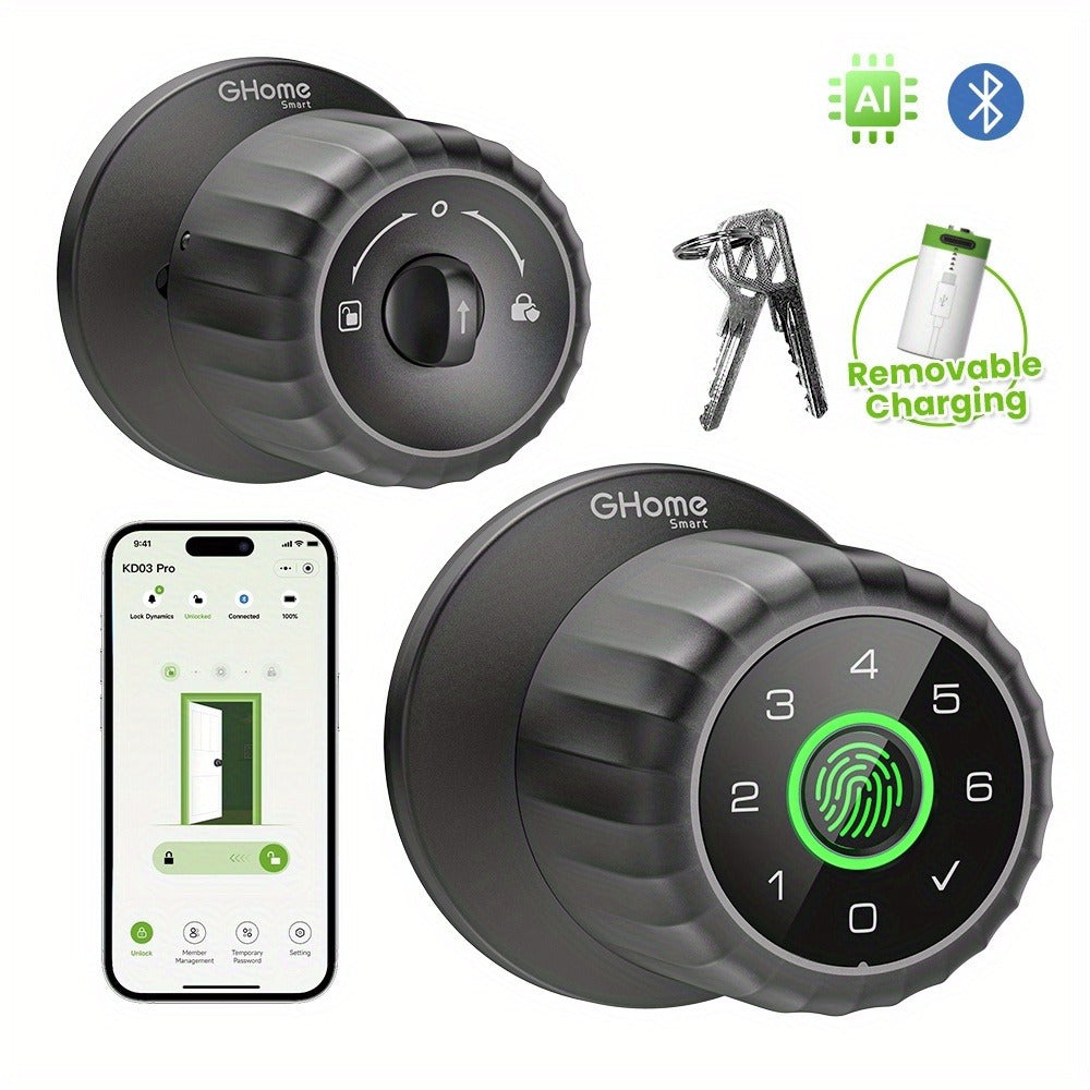 GHome Smart Lock Knob with Fingerprint & Keypad - USB-C Rechargeable, App-Controlled Keyless Entry, Auto-Lock, Passage & Privacy Mode, K10 / K10 PRO / K20 / KD03 PRO, for Home Bedroom Office