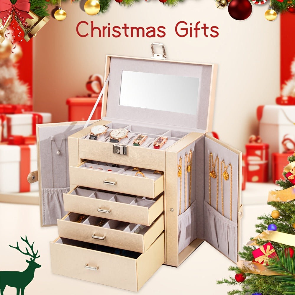 Large Jewelry Box 5-Tier PU Leather Organizer with Lock & Mirror – Storage Case for Bracelets, Earrings, Rings & Necklaces