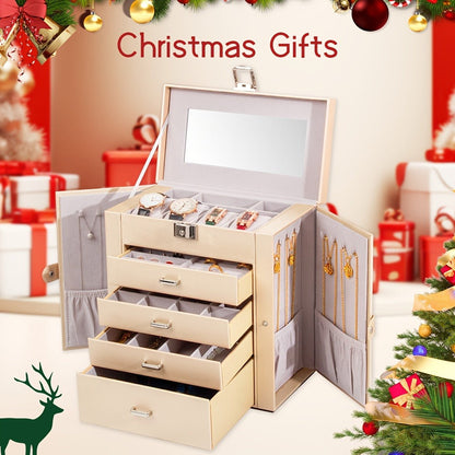 Large Jewelry Box 5-Tier PU Leather Organizer with Lock & Mirror – Storage Case for Bracelets, Earrings, Rings & Necklaces