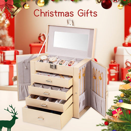 Jewelry Box, Five-Tier PU-Leather Organizer with Built-In Mirror, Key Lock and Three Color Options