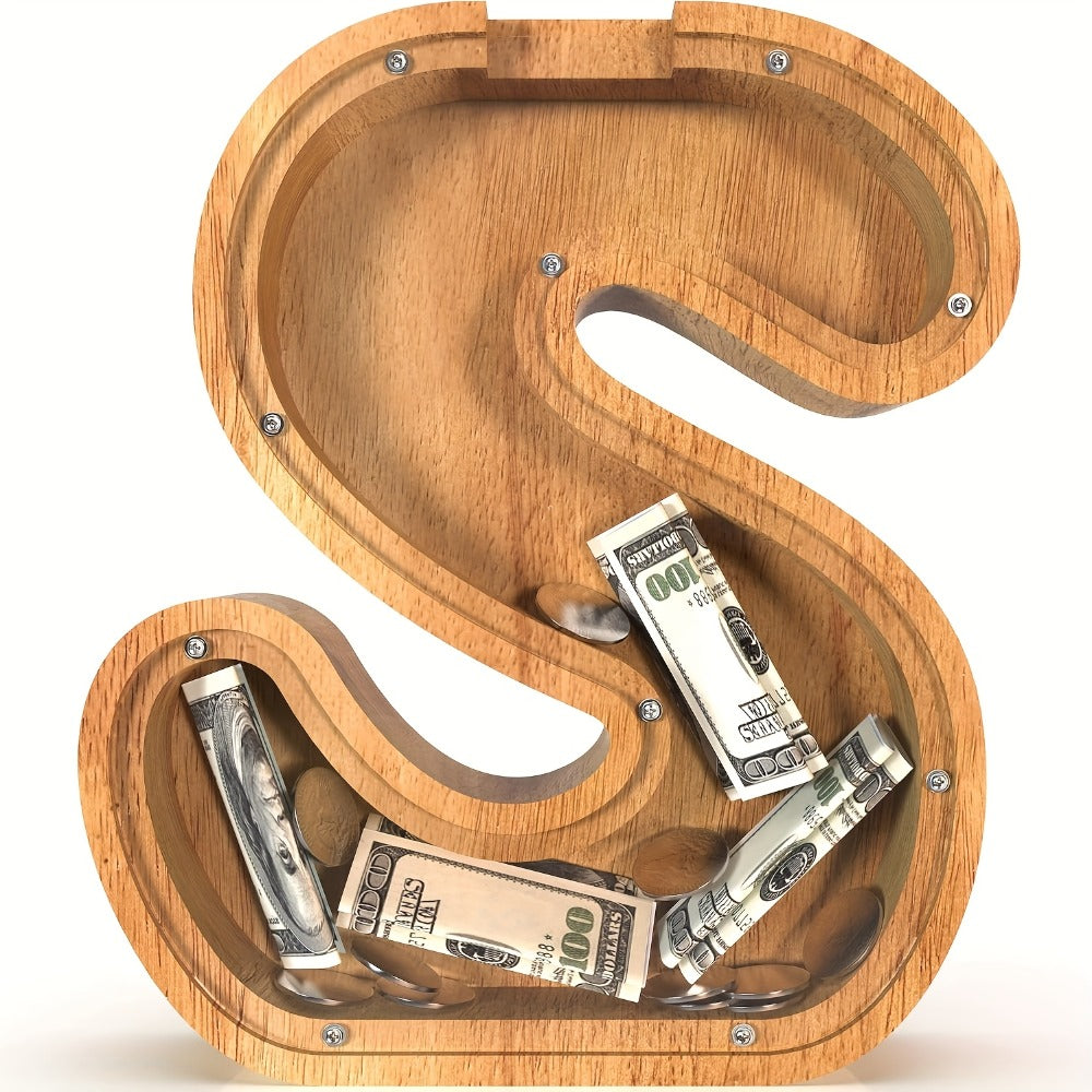 Wooden Alphabet Letter Coin Bank with Clear Front Panel and 23 Fixed Initial Options for Display