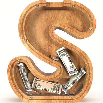 Wooden Alphabet Letter Coin Bank with Clear Front Panel and 23 Fixed Initial Options for Display