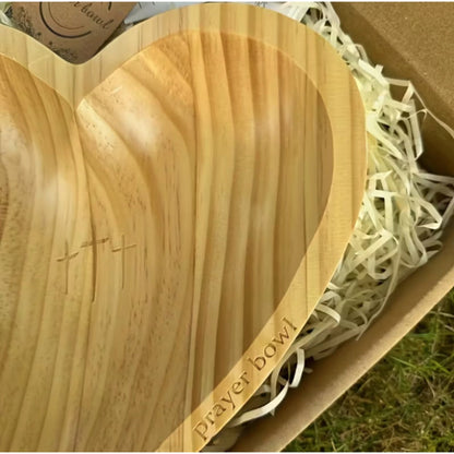 Heart-Shaped Wooden Prayer Bowl Set with Cross Engraving and Twenty-Four Printed Prayer Cards