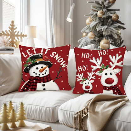Four-Piece Christmas Pillow Cover Set, 17.72 x 17.72 Inches with Reindeer, Snowman and Holiday Typography