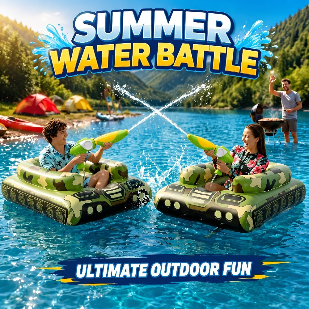 Ride-On Inflatable Pool Floats in Yellow Duck or 60-Inch Green Tank Styles with 16-Inch Beach Ball