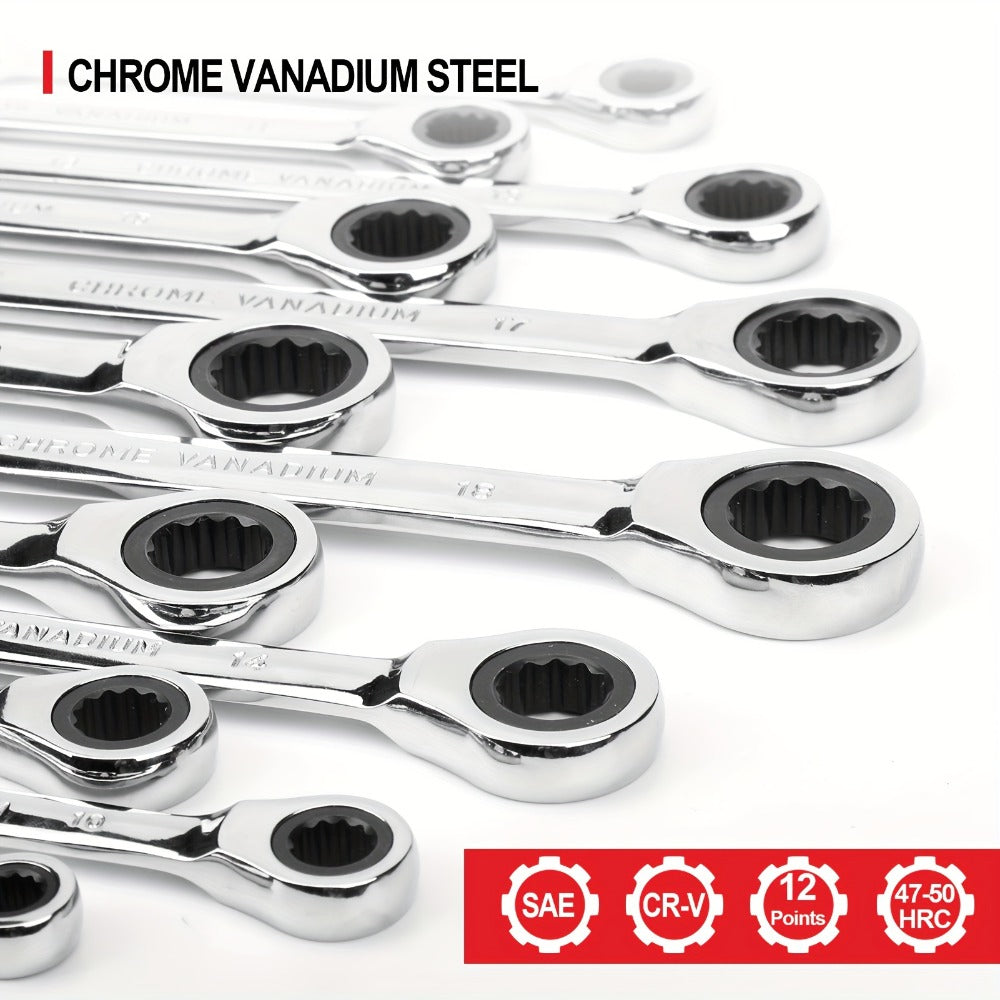 Twenty-Two-Piece SAE and Metric Combination Ratcheting Wrench Set with Storage Bag for Workshop Use