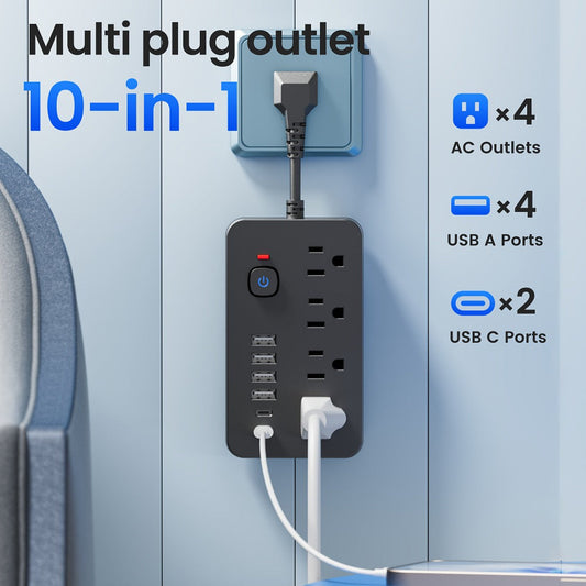 Power Strip Wall-Mount Outlet Extender with 10-in-1 or 14-in-1 Port Layout, USB-C and Master Switch