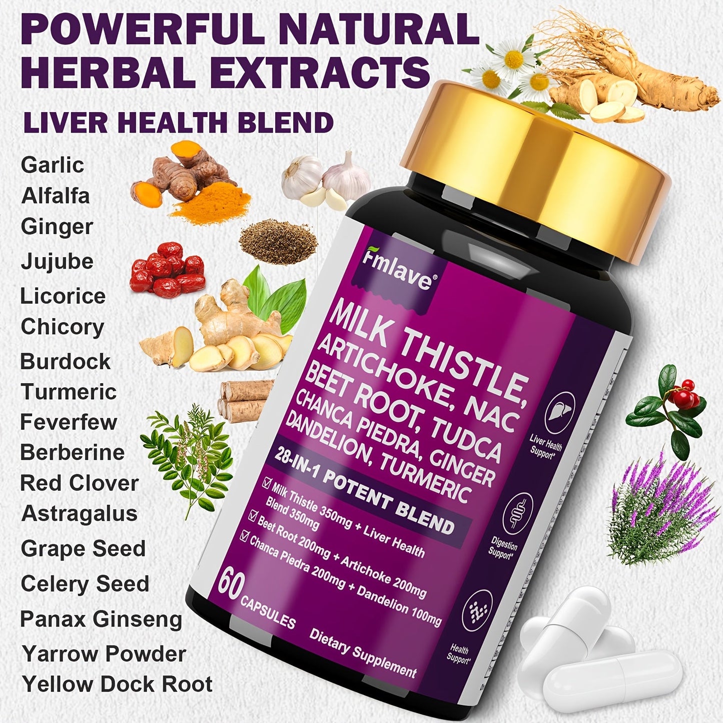 Liver Support Supplement 28-in-1 Ultimate Herbal Blend – Milk Thistle, Dandelion & Turmeric for Liver Cleanse, Detox & Digestive Health | All-Natural Formula for Men & Women | 1 Month Supply