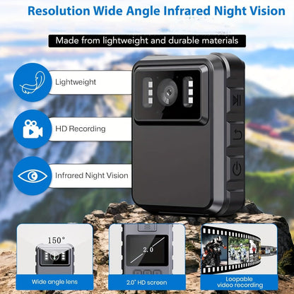 HD Clip-On Body Camera in Black with 150-Degree Lens Marking, 2-Inch Screen, 1800mAh Battery and Type-C Charging