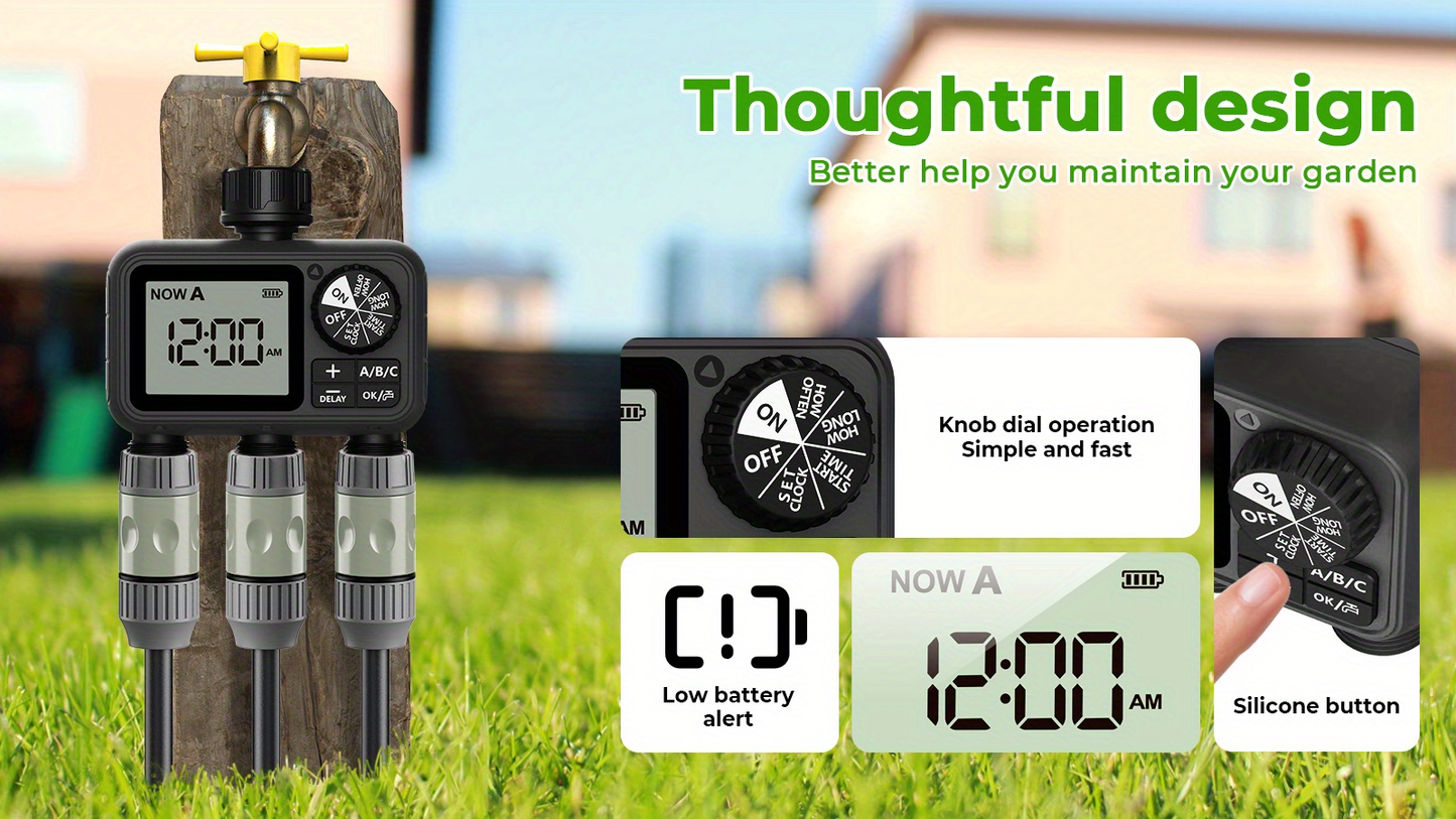 3-Zone Sprinkler Timer with Auto/Manual/Rain Delay Modes – Programmable Garden Hose Irrigation Controller, LCD Display, IPX5 Waterproof
