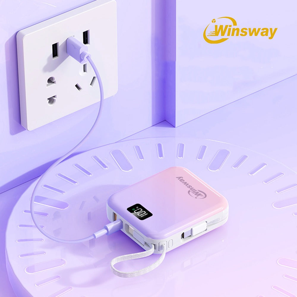 10000mAh Winsway Power Bank with 22.5W Label, Built-In USB-A and USB-C Cables and Gradient Colors