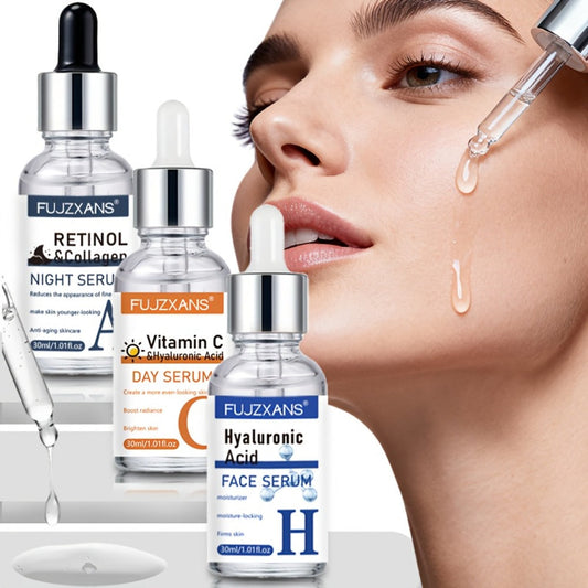 Vitamin C Retinol Hyaluronic Acid Serum Set — 3-Piece Day & Night Anti-Aging Brightening Dropper Kit with Collagen & Glycerol, Firming Deep Hydration Facial Essence for Women, 3x30ml