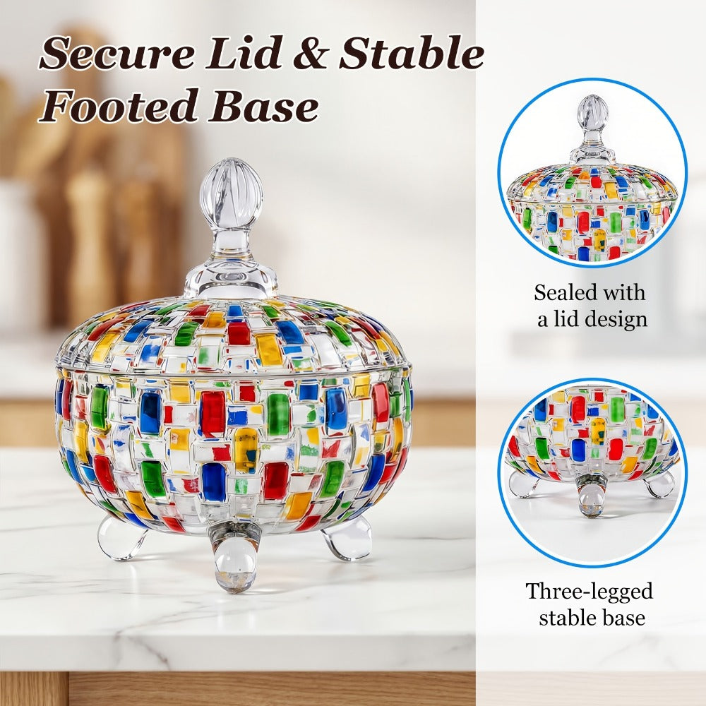 Crystal Glass Candy Dish with Lid & Tongs – Hand-Painted Colorful Candy Box, Jewelry Storage Jar, Christmas Gift for Family & Friends | Elegant Candy Server