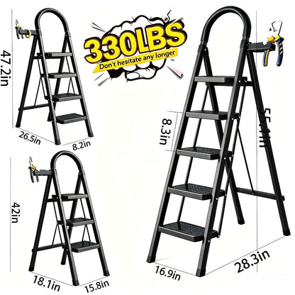 Folding Metal Step Ladder with Handrail, Ribbed Treads and Two-, Three-, Four- or Five-Step Options