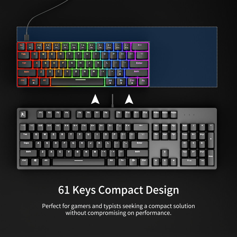 Hot-Swap 61-Key 60% RGB Mechanical Gaming Keyboard, Hot Swappable Red Blue Switch Compact Wired Keyboard with RGB Backlight, Portable Mini Keyboard for Windows PC Laptop Mac Gamers Typists
