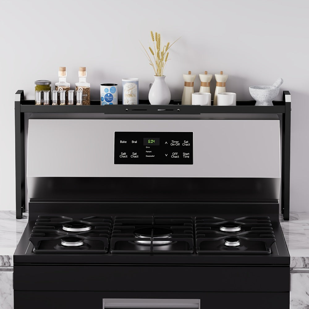 Expandable Stove Shelf Kitchen Organizer with 27.4-32.7-Inch Width, Adjustable Height and Utility Hooks