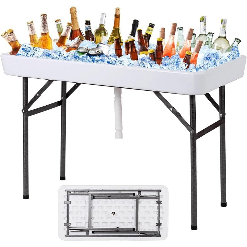 Ice Table Folding 4 ft Portable Cooler Table with Drain & Removable Skirt, Fill and Chill Party Beverage Station for BBQ, Camping & Outdoor Events