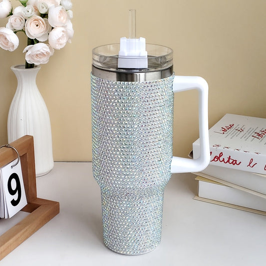 Bling Diamond Tumbler 40 Oz – Studded Rhinestone Stainless Steel Insulated Travel Mug with Handle & Straw Lid – Fits Car Cup Holders – Glamorous Gift for Women – Silver