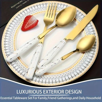 Marble Pattern Cutlery Set 24pcs - Dinner Forks Soup Spoons Teaspoons for Home Hotel Restaurant