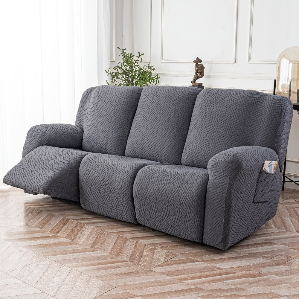 Slipcover Set, Eight-Piece Jacquard Stretch Cover for Three-Seat Recliner with Side Pocket in Nine Colors