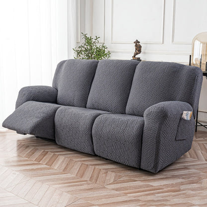 Slipcover Set, Eight-Piece Jacquard Stretch Cover for Three-Seat Recliner with Side Pocket in Nine Colors