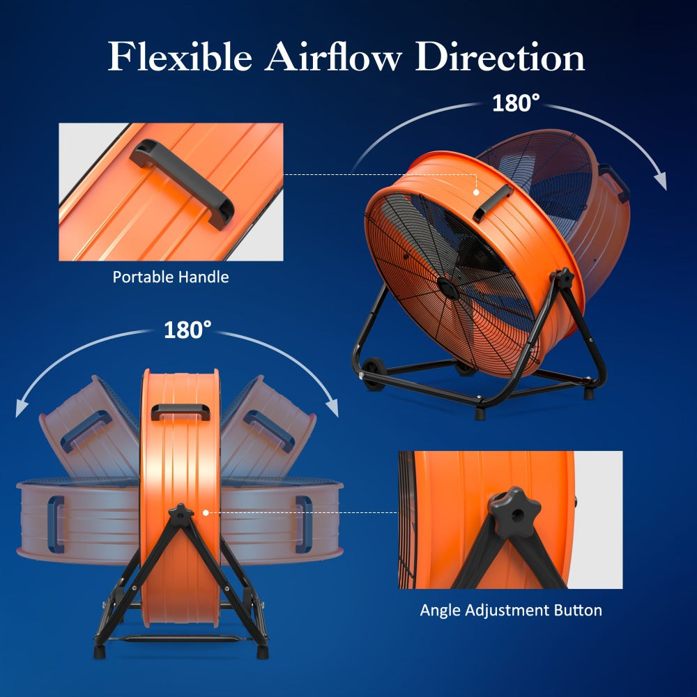 Industrial Drum Floor Fan with Three Speeds, Tilt Frame and 24- or 30-Inch Black, Orange, Green or Yellow Options