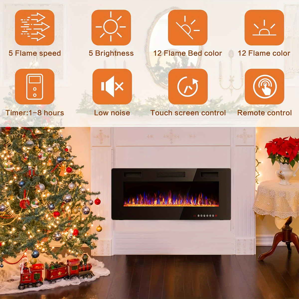 Wall Mounted Electric Fireplace Recessed In-Wall Linear Heater Multicolor Flame 750W/1500W Touch Screen for Garden, Patio and Yard Use