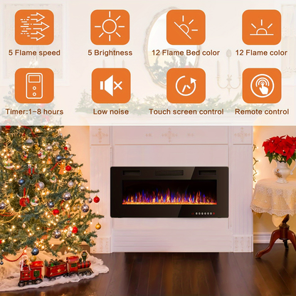Wall Mounted Electric Fireplace Recessed In-Wall Linear Heater Multicolor Flame 750W/1500W Touch Screen for Garden, Patio and Yard Use
