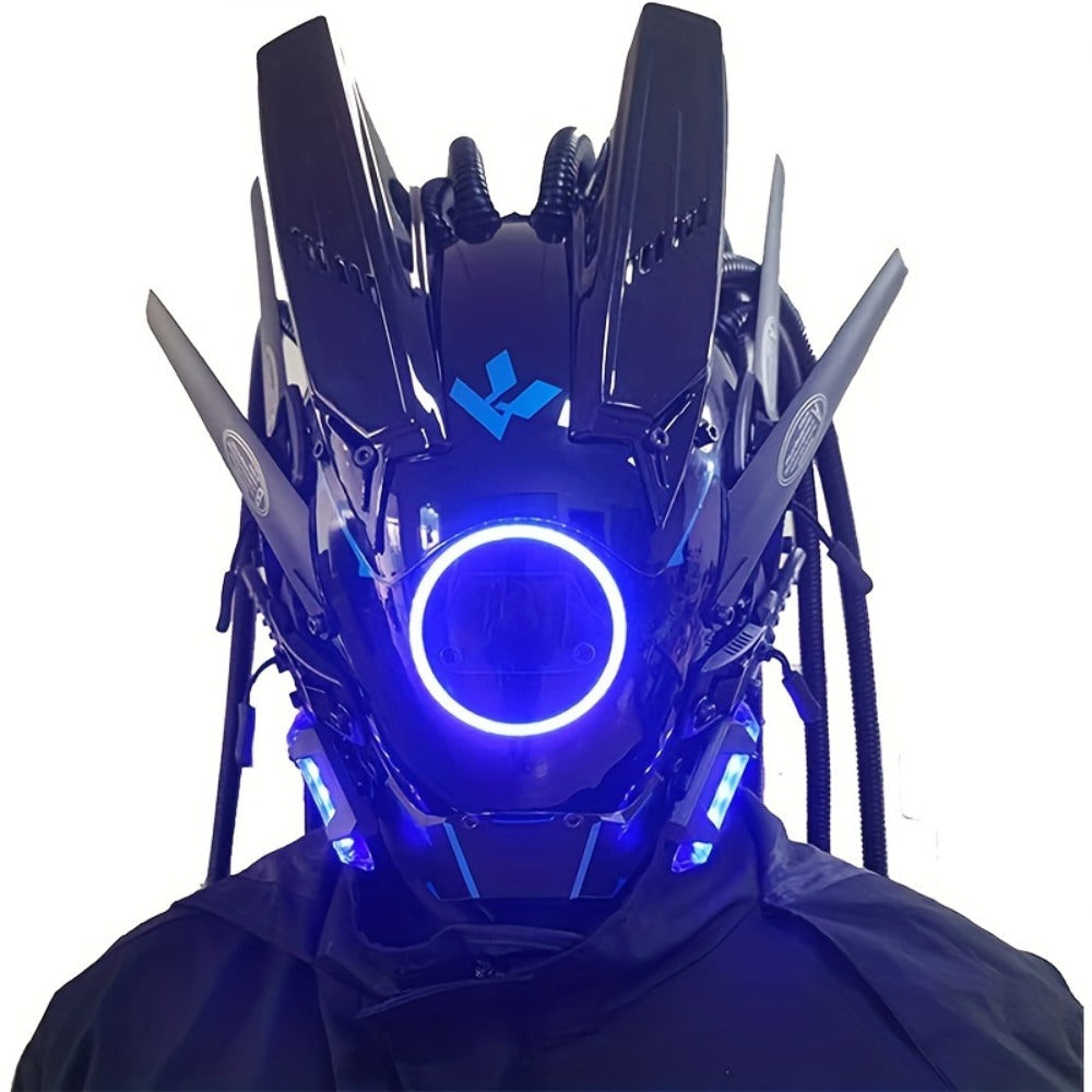 LED Braided Cyberpunk Costume Helmet with Circular Face Light and Blue, Green or Pink Accent Styles