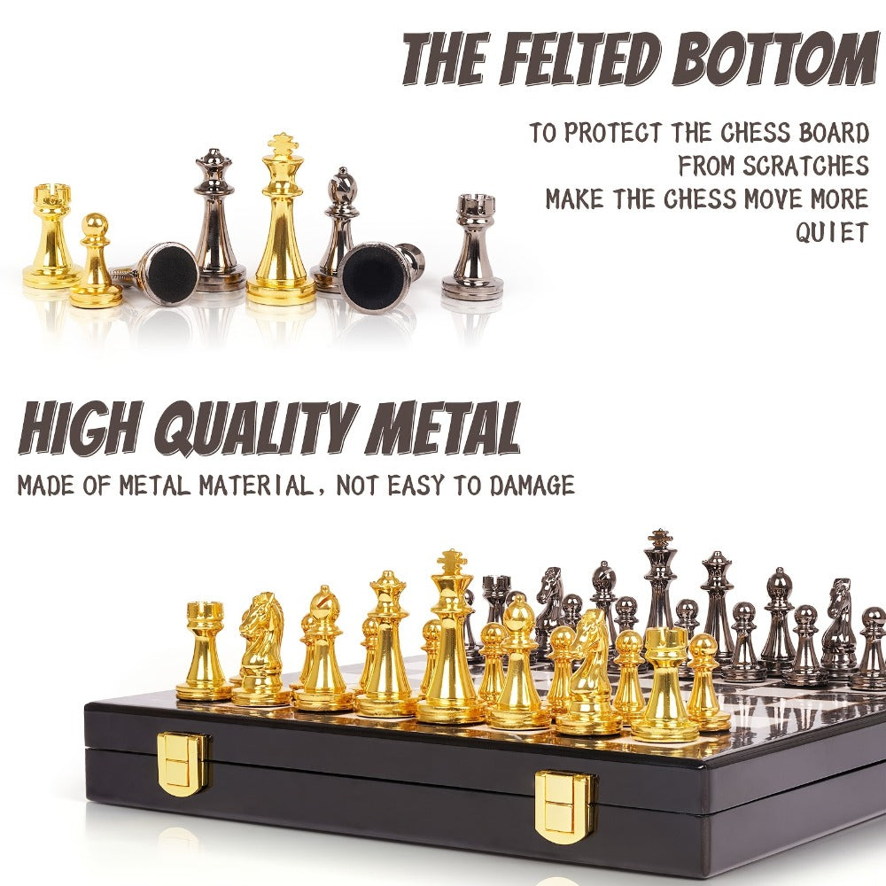 Metal Chess Set with 11.5-Inch Marble-Look Storage Board, Zinc Alloy Pieces and Extra Queens
